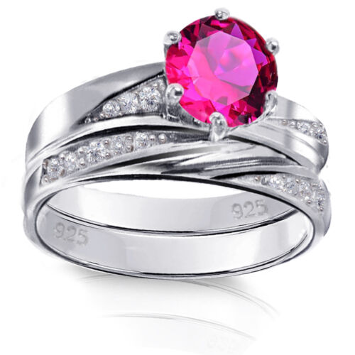 Red Ruby Brilliant Round Sterling Silver Engagement Wedding Ring Set 2.35 Ctw 