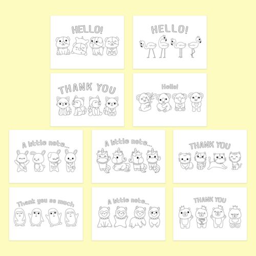 Pack of 10 Kids Animal Themed Colouring Colour In Notecards Thank You Cards 