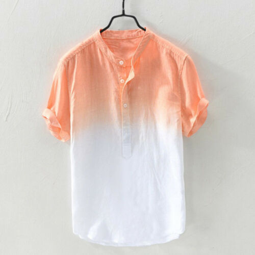 Summer Men/'s Cool  Thin Breathable Collar Hanging Dyed Gradient Cotton Shirt New
