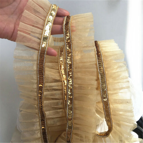 2 Yds Gold Sequins Lace Trim Ribbon Fabric Costume DIY Sewing Craft  4.5cm Width 