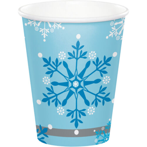 8 x Blue /& White Frozen Snowflakes Paper Cups Winter Christmas Tableware