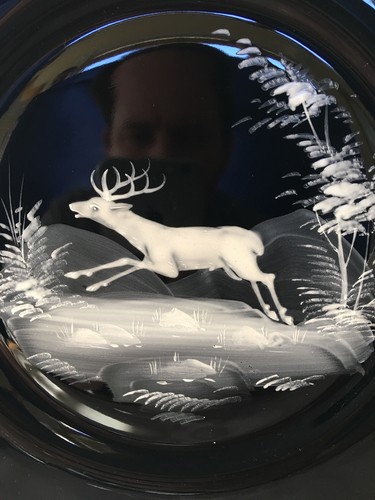 Mary Gregory Style 11” BLACK GLASS PLATE with Deer//Stag ~ Set of 4