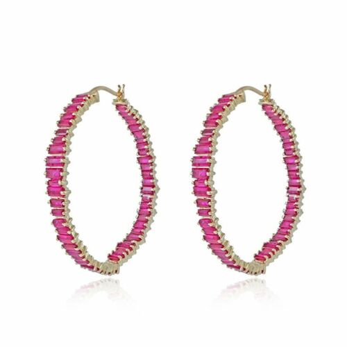 3.00ct Baguettes Cut Pink Ruby 14k Yellow Gold Over Women Party Hoop Earrings 