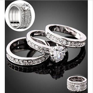3pcs/set Silver plated Cubic Zirconia Engagement Band Ring Size 7-9