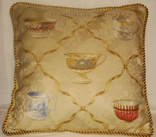French Country Cottage English Cushion Paris Tea Cup Gold Pillow Downton Abby 