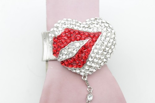 Women Fashion Silver Metal Hand Chain Bracelet Love Heart Red Kiss Lips Bling