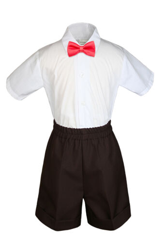 3pc Set Boy Toddler Formal Party Red BowTie White  Black Khaki Shorts S-4T 