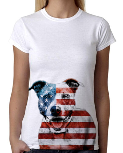 Junior/'s American Pitbull Dog White T-Shirt USA Flag July 4th America Tee B756