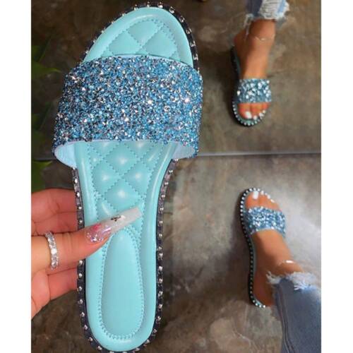 Details about  / Womens Rhinestone Flat Slip On Sliders Sandals Slippers Casual Beach Flats Shoes