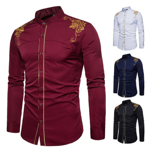 Men Long Sleeve Dress Shirts Slim Fit Embroidered Button Down Formal Tops Casual 