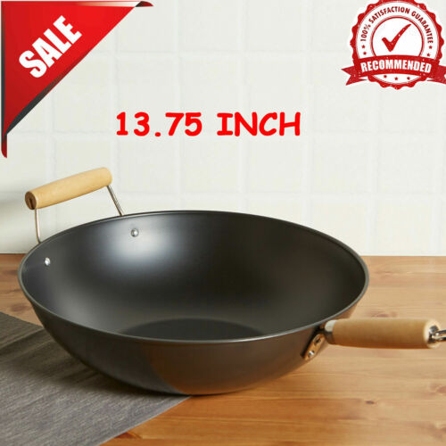 Nonstick Wok Pan 13.75 in Stir Fry Steam Sear Carbon Steel Chinese Food Cooking 