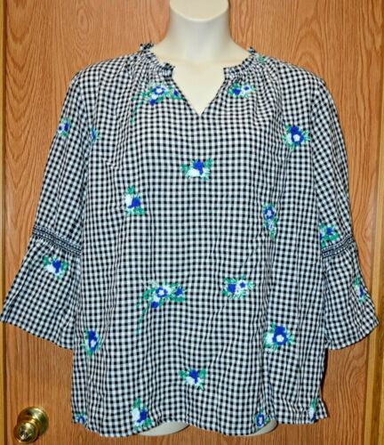 Womens Embroidered Checkered Charter Club Long Flared Sleeve Size 1X NWT NEW $89