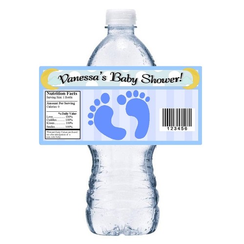 20 BABY BOY BLUE FOOTPRINTS SHOWER PARTY FAVORS WATER BOTTLE LABELS WRAPPERS