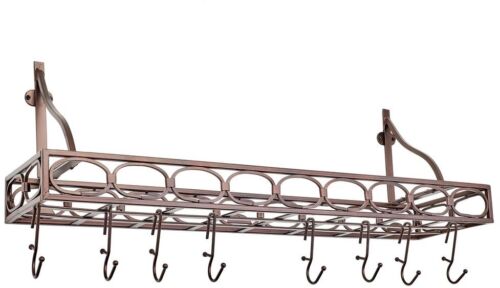 36 in Bronze Grid and 8-Hooks Wall Pot Rack with Hand-Applied Antique Finish 