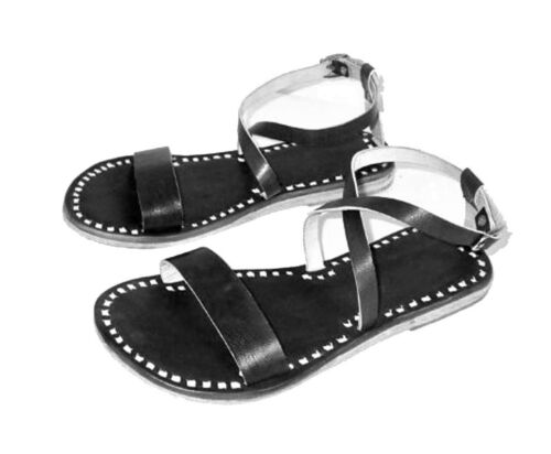 Details about   Womens handmade black color leather buckle sandals ladies outdoor slippers flats 