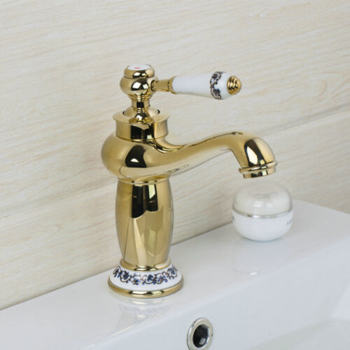 Gold Bathroom Faucet Ceramic Single Hole Basin Sink Mixer Deck Mount Vanity Tap 