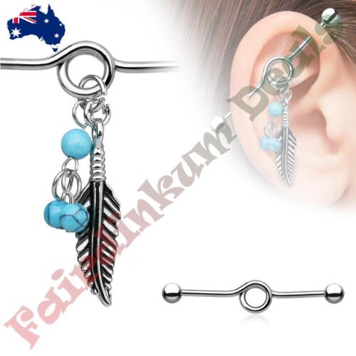 Surgical Steel Industrial Barbell with Turquoise Beads and Tribal Feather Dangle