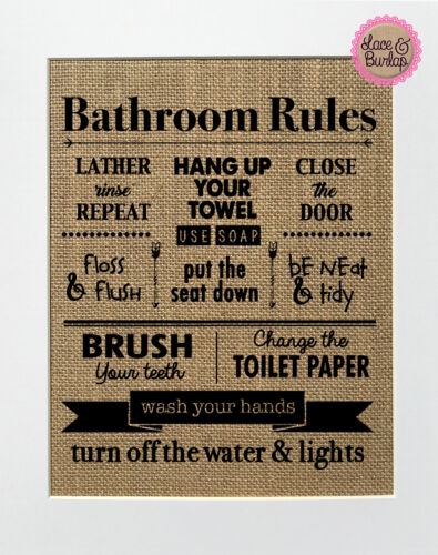 Rustic Vintage Bathroom Sign Burlap Print Sign UNFRAMED Bathroom Rules