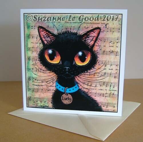 Black Cat art Good Luck painting art card cute original design Suzanne Le Good 