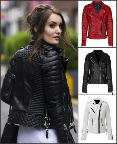 Womens Ladies Quilted Black Lamb Skin Designer Fashion Leather Jacket