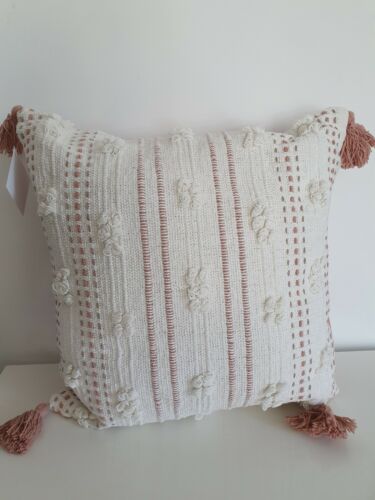 New Tassel Cushion Blush Pink Natural Modern Scandi Boho 46 cm x 46 cm 