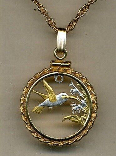 Trinidad /& Tobago 1 Cent Hummingbird Cut Coin Gold on Silver Pendant Necklace