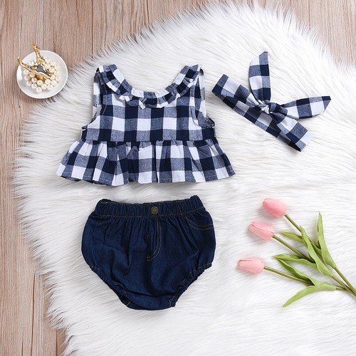 Summer Baby Girl Clothes 3Pcs Outfits Set Dress Tops+Denim Pants+Headband