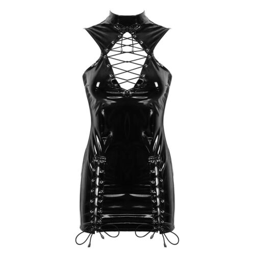 Women Wet Look Leather Front Club Keyhole Mini Dress Party Evening Bodycon Dress 