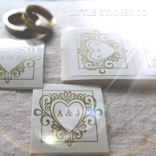 Wedding Stickers Personalised with initials gloss white and gold heart  x 50 