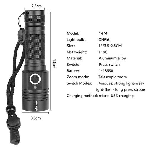 Flashlight Bright XHP50.2 LED Torch USB Rechargeable Zoomable LED Light Outd/_ YJ