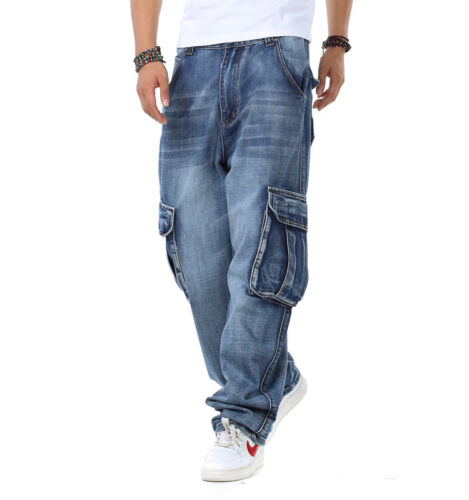Plus Size Men Jeans Cargo Baggie Pant Loose Hip Hop Street Wear Stone Wash 30-46 