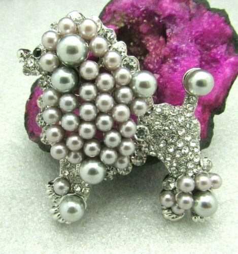Details about  &nbsp;KENNETH J LANE KJL GRAY PEARL & CRYSTAL POODLE PIN BROOCH BOOK PIECE NEW 3&#034;