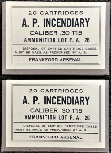 INCENDIARY  WW2 NEW REPLICA  20 ROUND AMMO BOXES P .30  T15   A FRANKFORD CAL