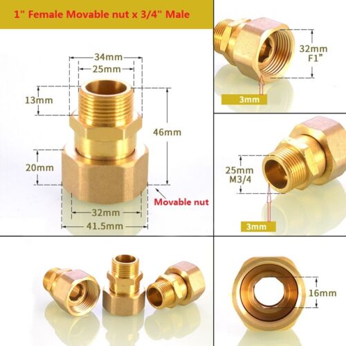 Brass1//2/" 3//4/" 1/"Male//Female Thread Movable nut Connector Joiner Fitting Adapter