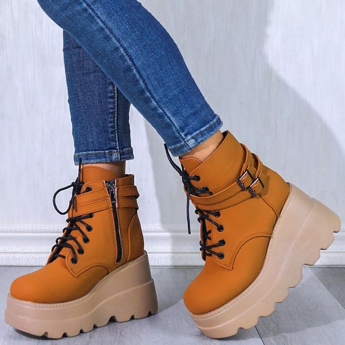 ❤️ Women Ankle Boots Goth Punk Chunky Platform Wedge Heel Zip Lace Up Shoes Size
