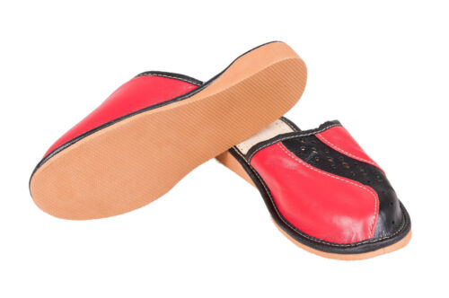 Womens Ladies 100% Black & Red Leather Slippers Mules Clogs All Sizes 