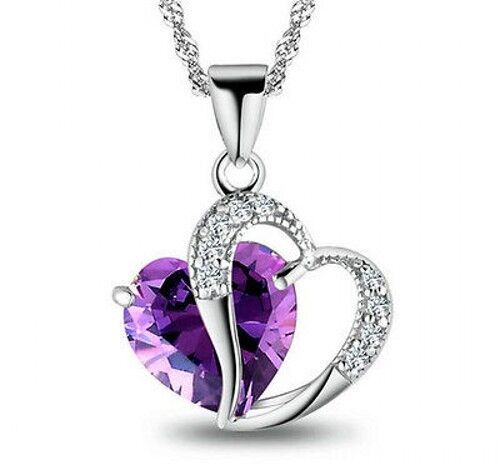Women 925 Sterling Silver Necklace Chain Amethyst Crystal Heart Purple Pendant
