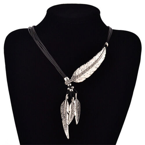 LadiesVintage Bronze Rope Chain Feather Pendant Choker  Statement Necklace TO