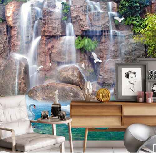 3D Swan  Alpine Waterfall Self-adhesive TV Background Mural Wallpaper Wall Decal 