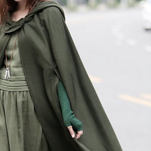 Women Vintage Stylish Solid Black Green Cloak Cape Jacket Long Hooded Parka Coat 