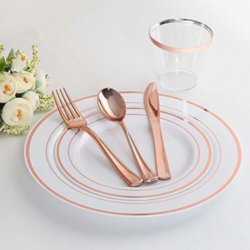 Elegant Tableware 100 Pcs Details about   Rose Gold Plates with Disposable Plastic Silverware 