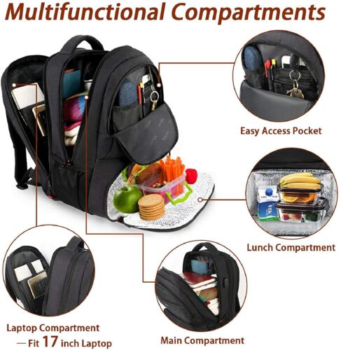 Matein Black 15.6" Laptop Backpack Insulated Lunch Cooler Leakproof Travel Bag 