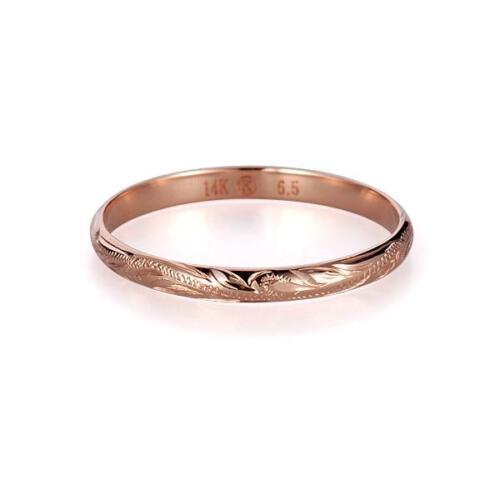 SOLID 14K ROSE GOLD HAND ENGRAVED HAWAIIAN PLUMERIA SCROLL BAND RING 3MM 