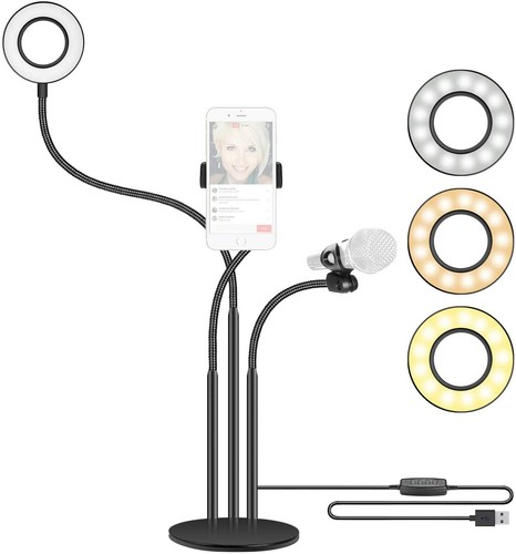 Anillo de Luz Led Aro Fotografía Maquillaje Streaming+Soporte Móvil y Micrófono