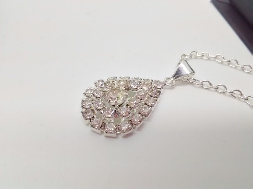 Rhinestone Teardrop Necklace on Silver Plated Chain Womens Pendant Necklaces