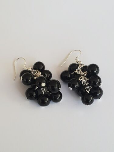 Silver Plated Black Pearl Cluster Earrings Drop/Dangle 