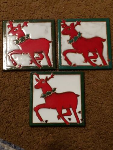 Details about   Red Reindeer Christmas Green border Art Tile Elaine Cain 6X6" 