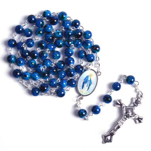 Katholischer Rosenkranz Kleine runde blaue Glasperlen Jungfrau Maria Jesus HaWP4