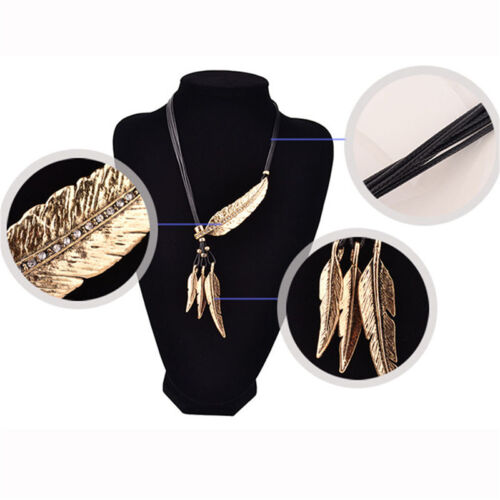 LadiesVintage Bronze Rope Chain Feather Pendant Choker  Statement Necklace TO