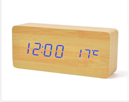 Voice Control Calendar Thermomètre Wooden DEL Digital Alarm Clock USB/AAA UK 